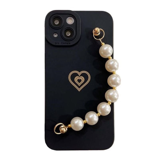 Black heart case with pearls chain